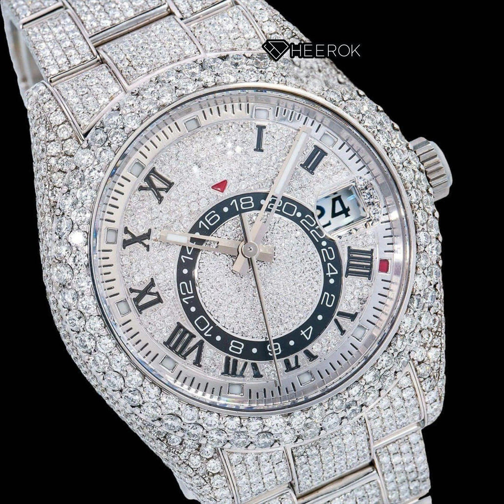 Rolex Sky-Dweller Full Pave Dial Black Roman Numerals Diamond Bezel Fully Iced Moissanite Diamond Oyster Bracelet