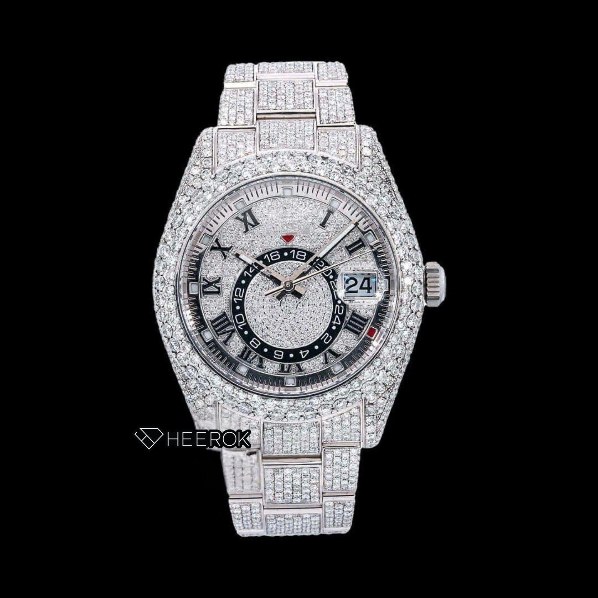 Rolex Sky-Dweller Full Pave Dial Black Roman Numerals Diamond Bezel Fully Iced Moissanite Diamond Oyster Bracelet