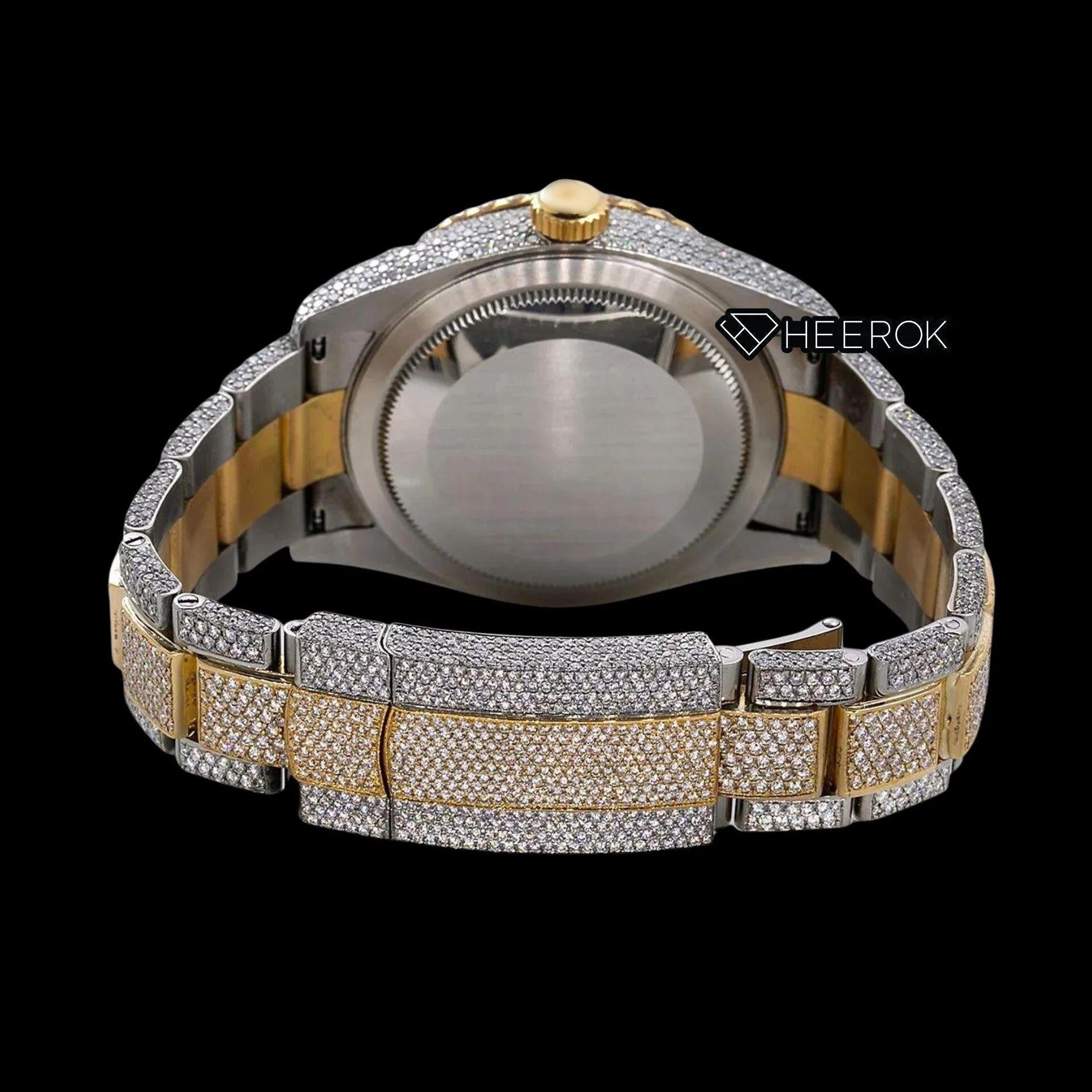 Rolex Sky-Dweller Full Paved Yellow Dial Arabic Numerals Diamond Bezel Two Tone Yellow Gold Bust Down Moissanite Diamond Oyster Bracelet Watch
