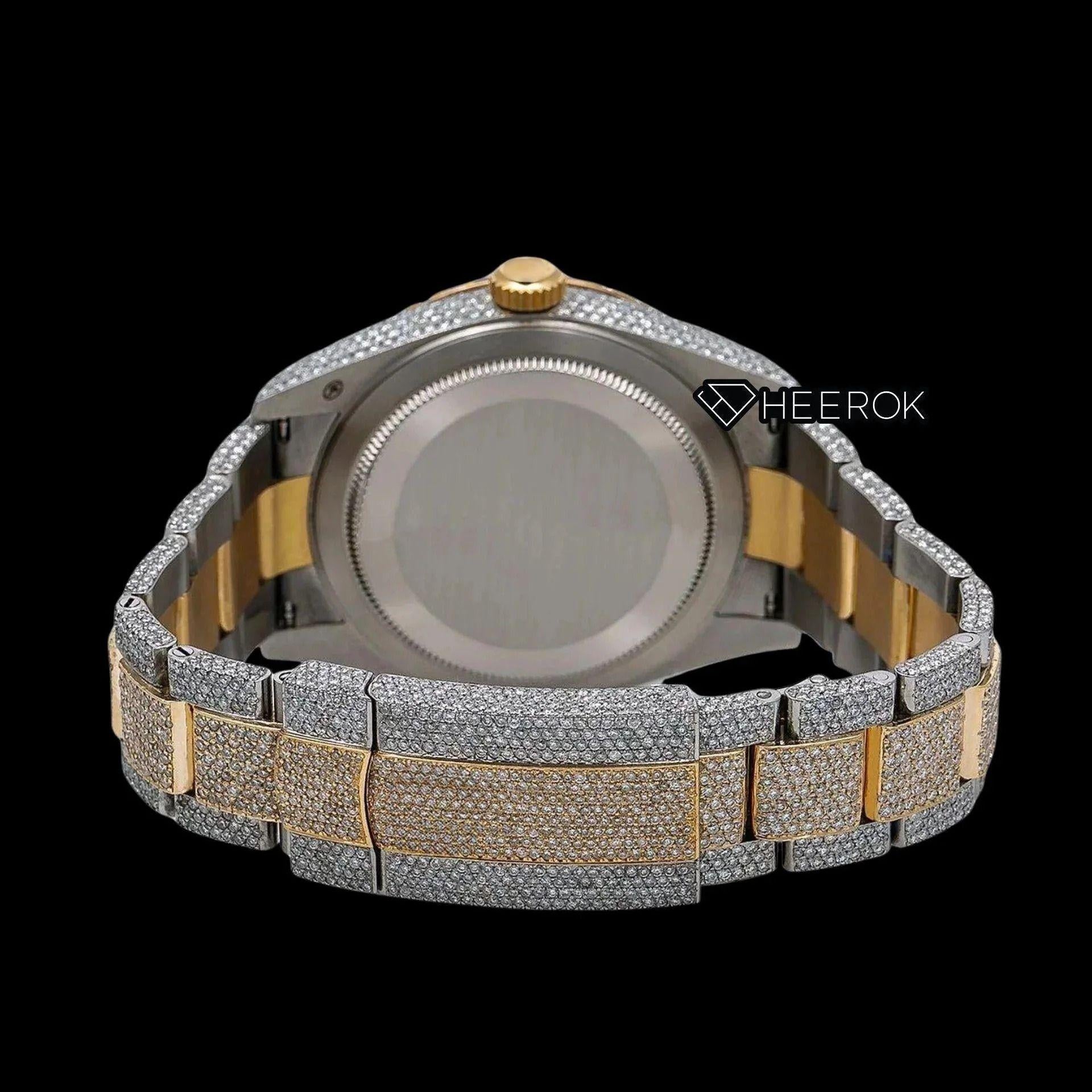Rolex Sky-Dweller White Dial White Stick Markers Diamond Bezel Two Tone Yellow Gold Fully Iced Moissanite Diamond Oyster Bracelet