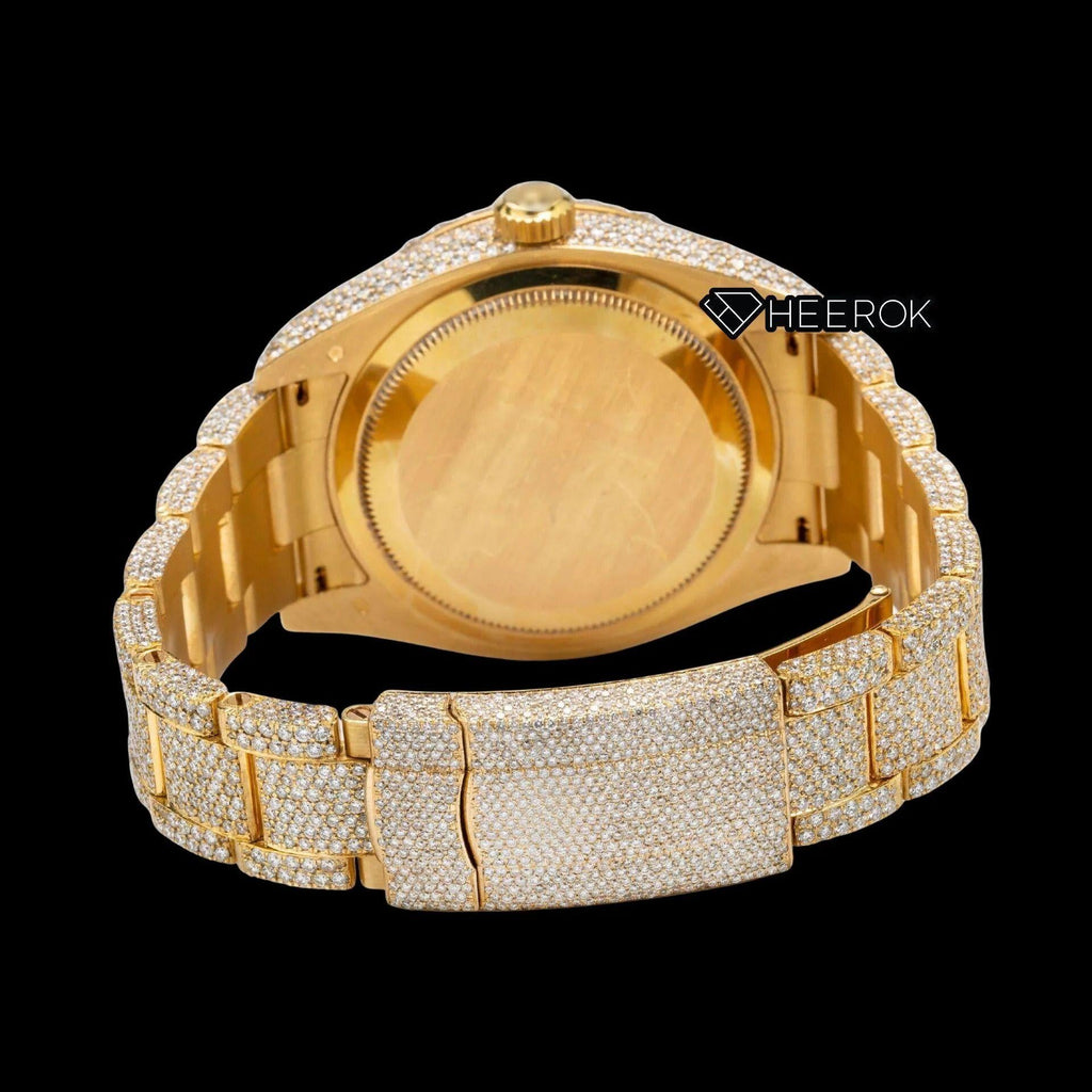 Rolex Sky-Dweller Yellow Dial Standard Numerals Diamond Bezel Yellow Gold Fully Iced Moissanite Diamond Oyster Bracelet Watch