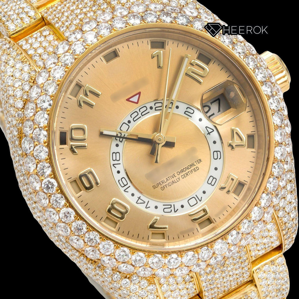 Rolex Sky-Dweller Yellow Dial Standard Numerals Diamond Bezel Yellow Gold Fully Iced Moissanite Diamond Oyster Bracelet Watch