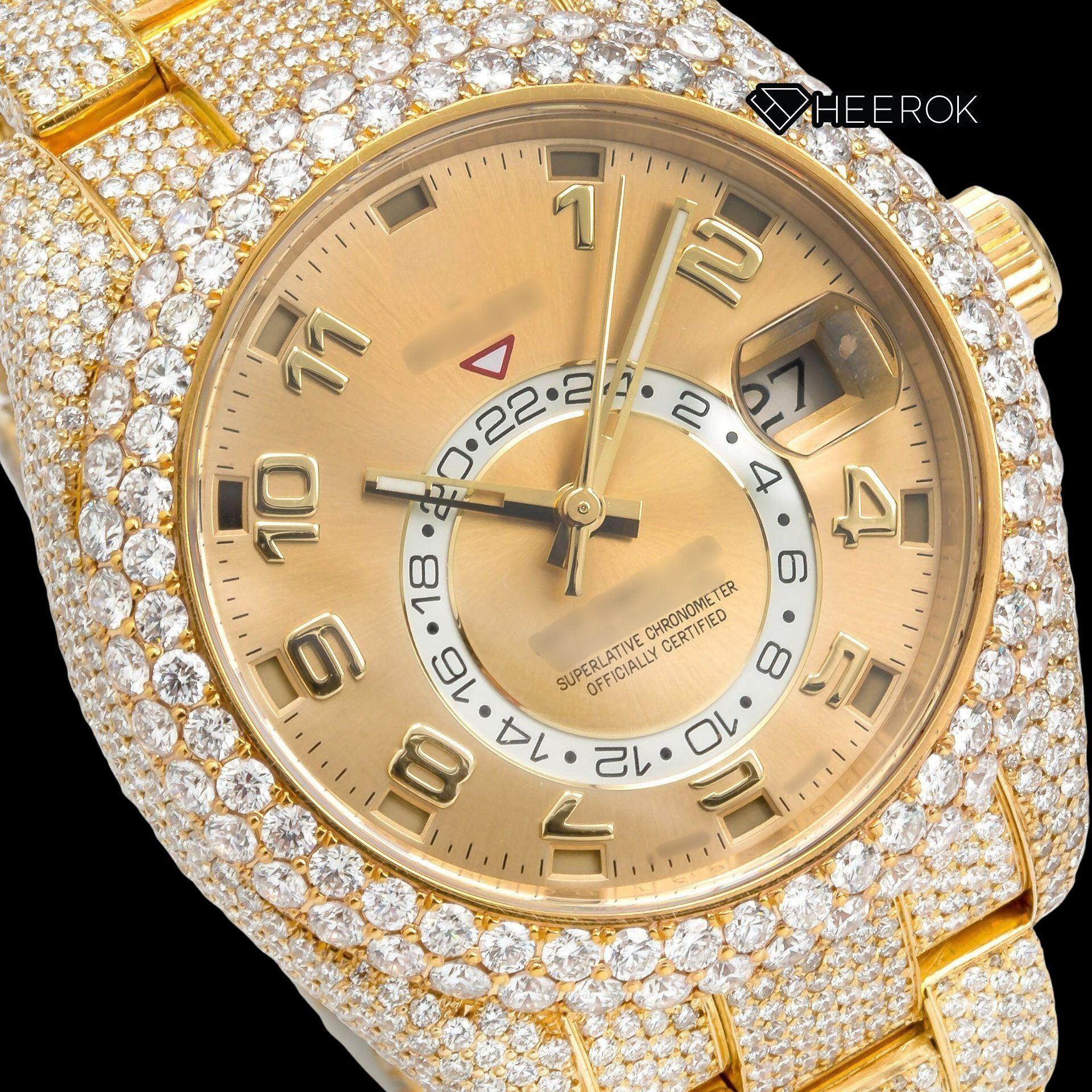 Rolex Sky-Dweller Yellow Dial Standard Numerals Diamond Bezel Yellow Gold Fully Iced Moissanite Diamond Oyster Bracelet Watch