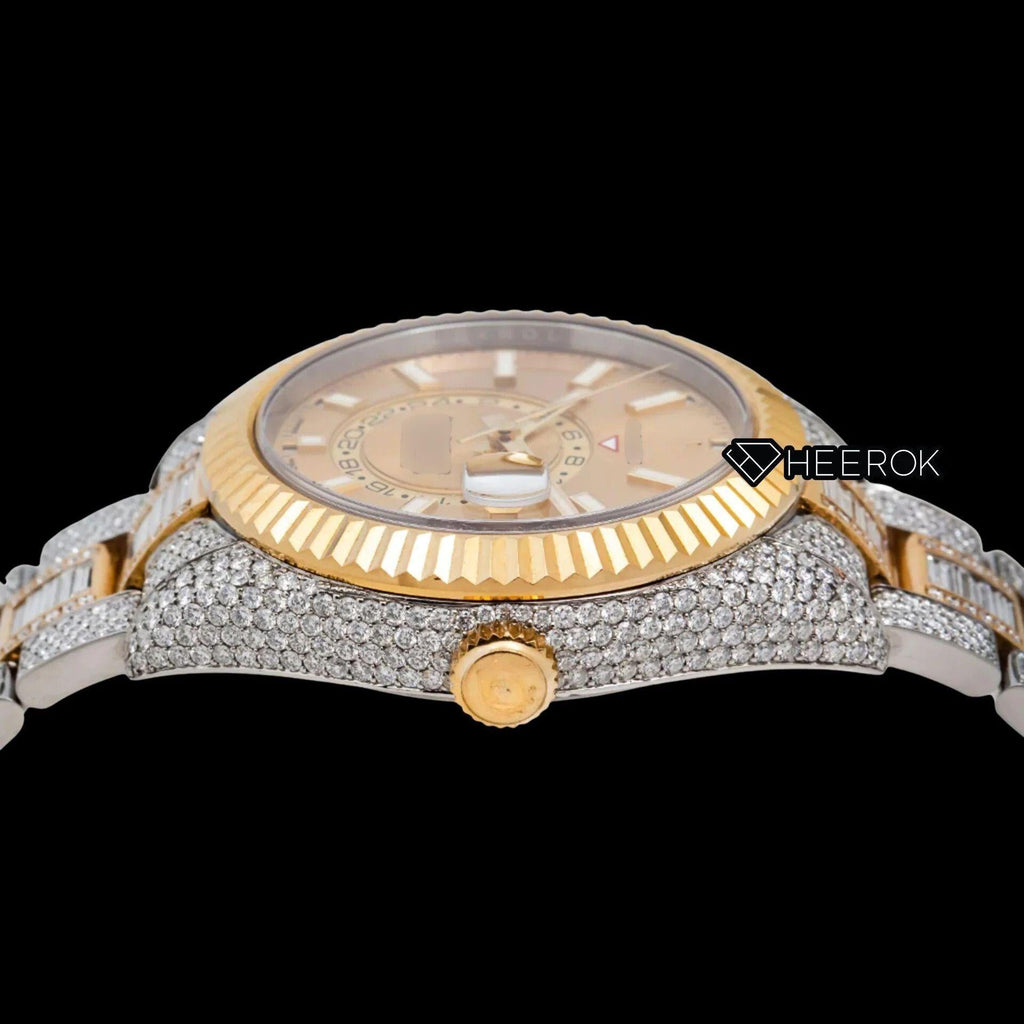 Rolex Sky-Dweller Yellow Dial White Stick Markers Fluted Bezel Two Tone Yellow Gold Baguette Moissanite Diamond Oyster Bracelet Watch