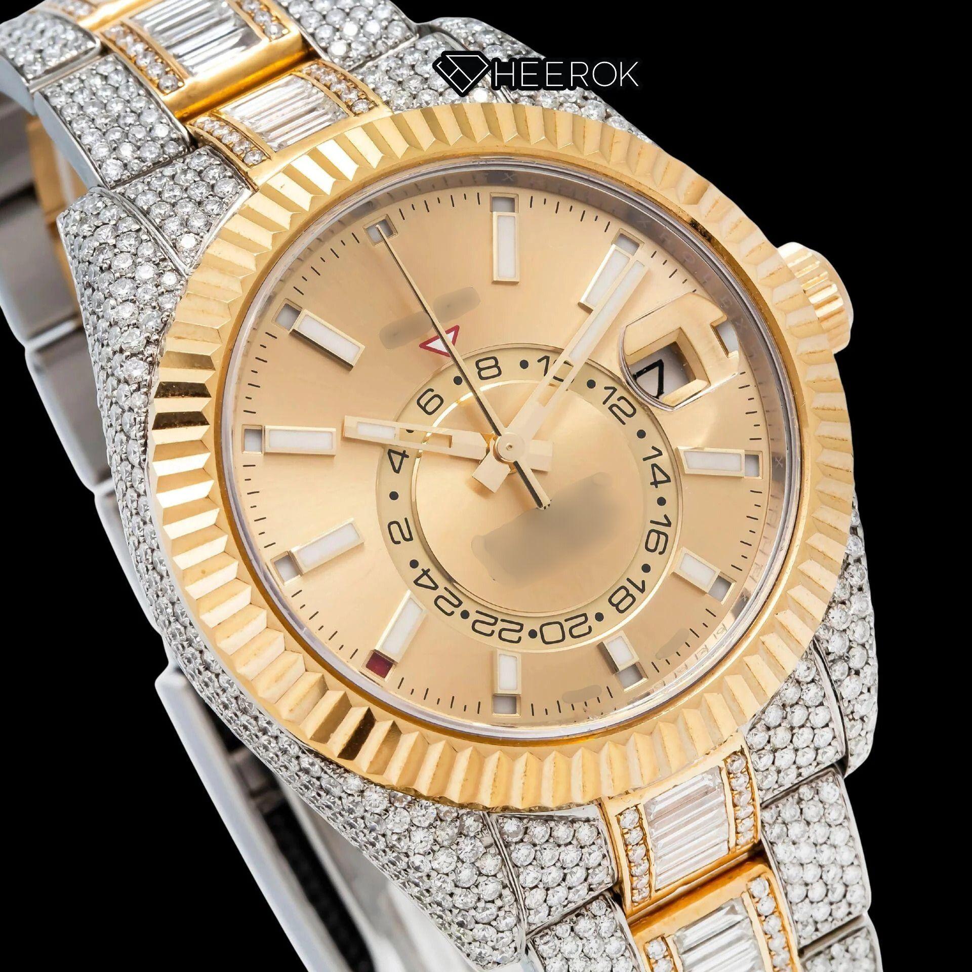 Rolex Sky-Dweller Yellow Dial White Stick Markers Fluted Bezel Two Tone Yellow Gold Baguette Moissanite Diamond Oyster Bracelet Watch