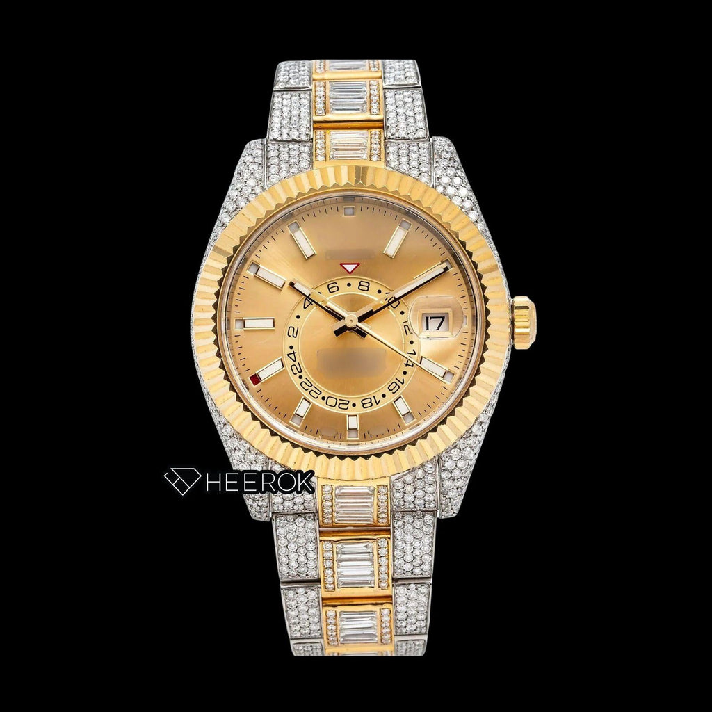Rolex Sky-Dweller Yellow Dial White Stick Markers Fluted Bezel Two Tone Yellow Gold Baguette Moissanite Diamond Oyster Bracelet Watch