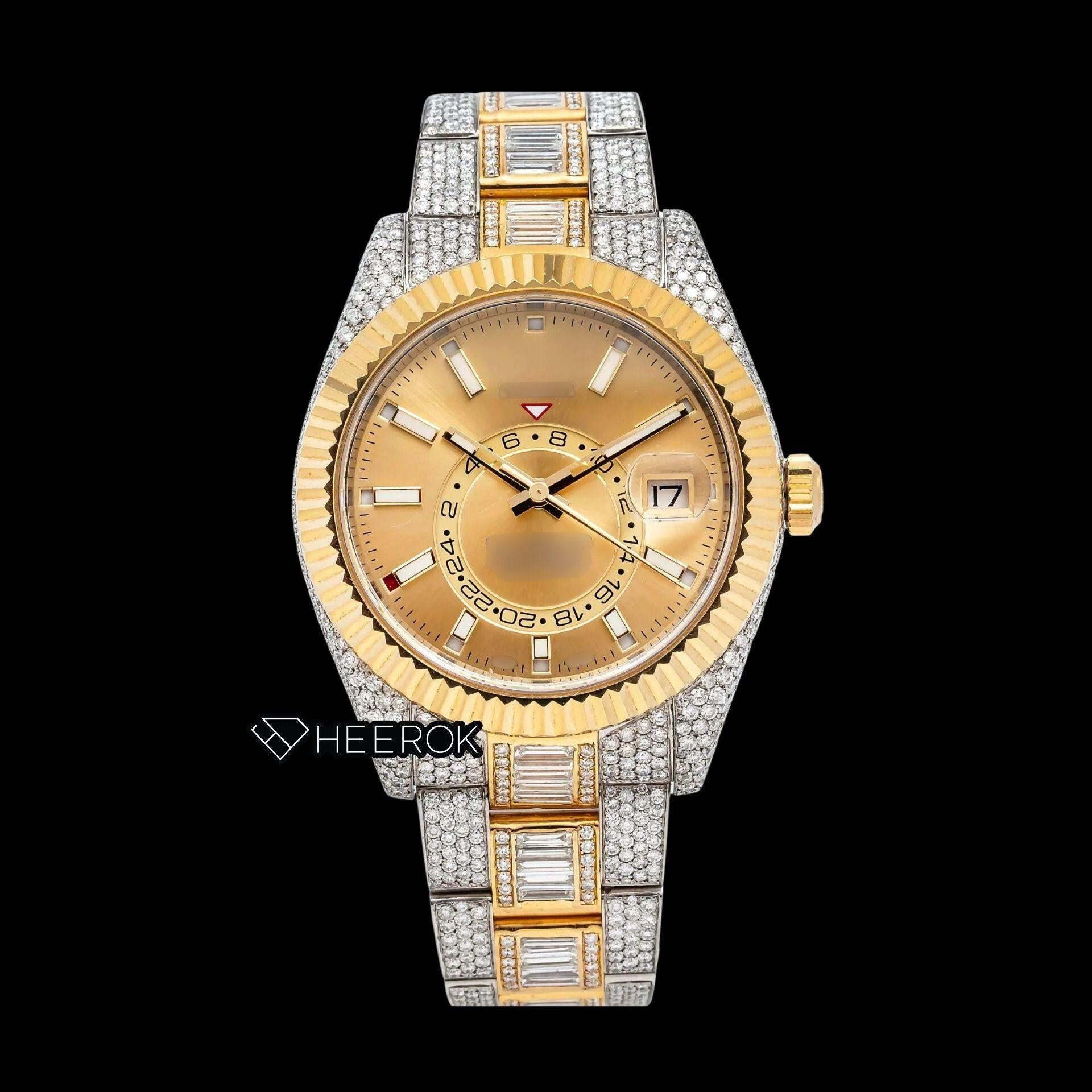 Rolex Sky-Dweller Yellow Dial White Stick Markers Fluted Bezel Two Tone Yellow Gold Baguette Moissanite Diamond Oyster Bracelet Watch