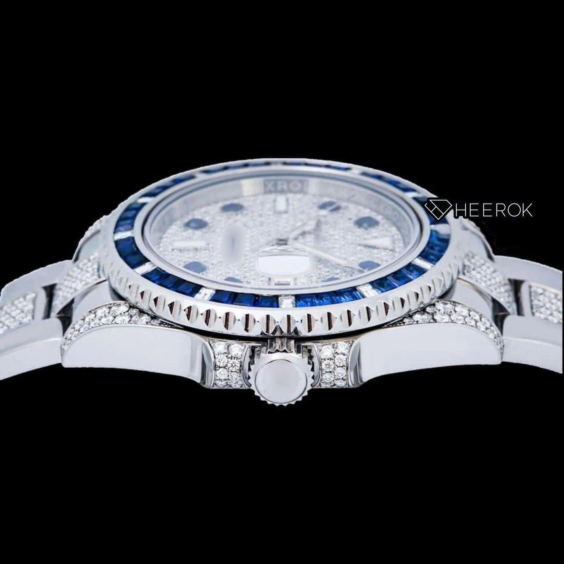 Rolex Submariner Full Pave Dial Blue Sapphire Bezel Diamond Markers Moissanite Diamond Oyster Bracelet