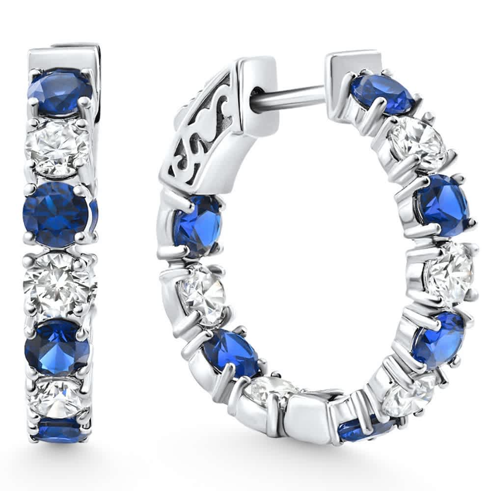 4 1/2Ct Blue Sapphire & Diamond Hoops White or Yellow Gold Lab Grown 1" Tall