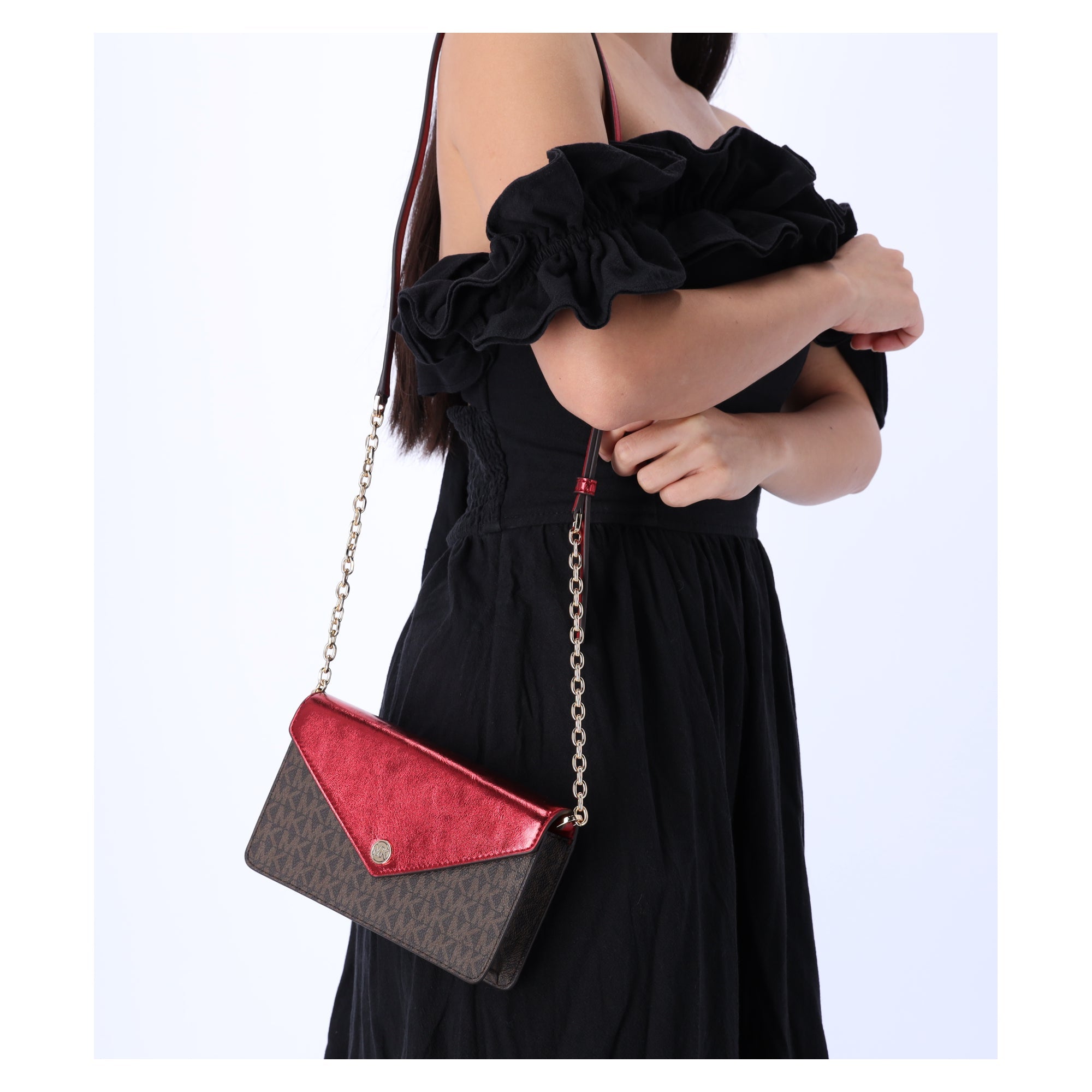 Michael Kors Jet Set Travel Small Signature Clutch Crossbody Brown Crimson Red