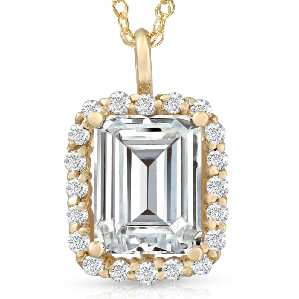 3 1/2 Ct Emerald Moissanite & Lab Grown Diamond Halo Pendant 14k Gold Necklace