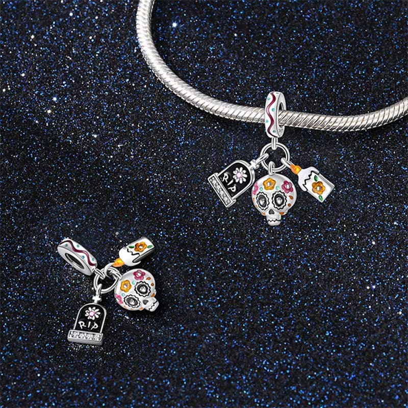 Día de los Muertos Charm, Skull, Candle, and RIP Gravestone