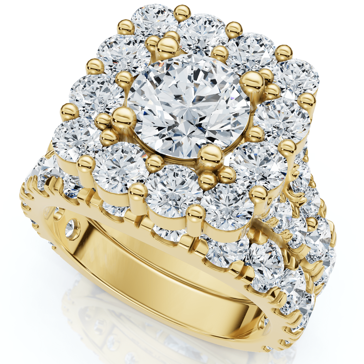 5Ct Cushion Halo Split Ring Diamond Engagement Set in White Yellow Rose Gold
