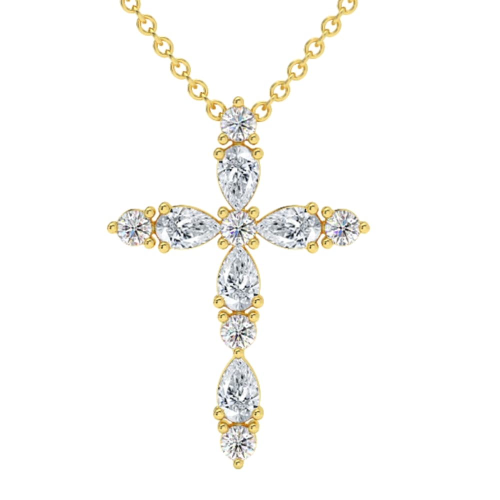 3/4Ct Diamond Cross Round & Pear Shape 14k Gold Necklace Lab Grown 1" Tall