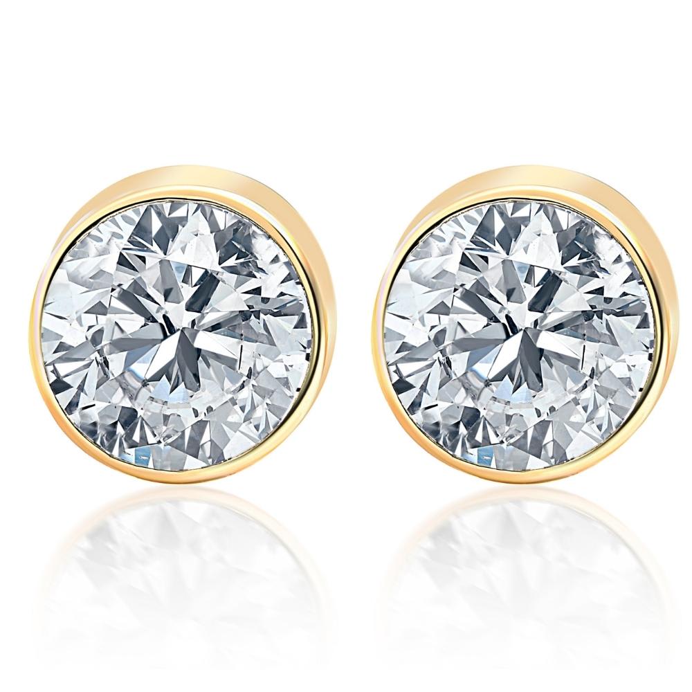 2.00Ct Round Brilliant Cut Natural Diamond Stud Earrings 14K Gold Round Bezel Setting