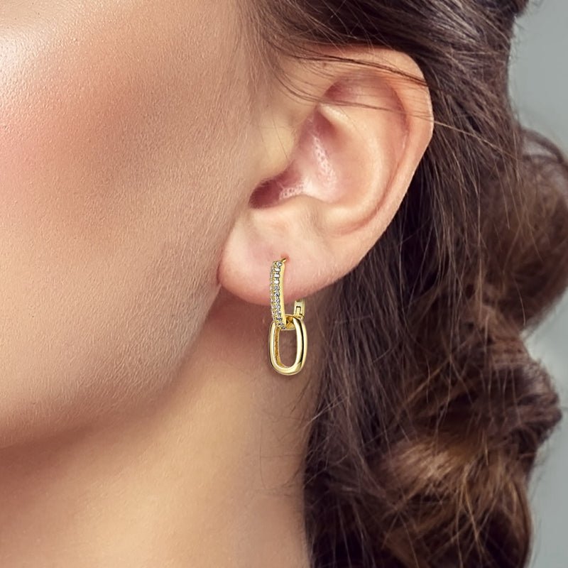 Gold Double Link Drop Hoop Earrings