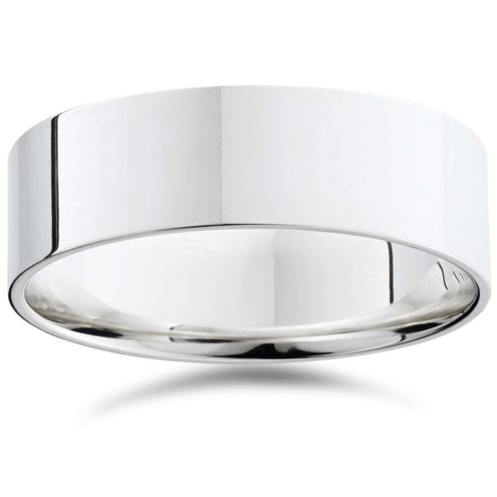 7mm Flat High Polished Wedding Band 10K White Gold Plain Mens Ring Comfort Fit Size Selectable