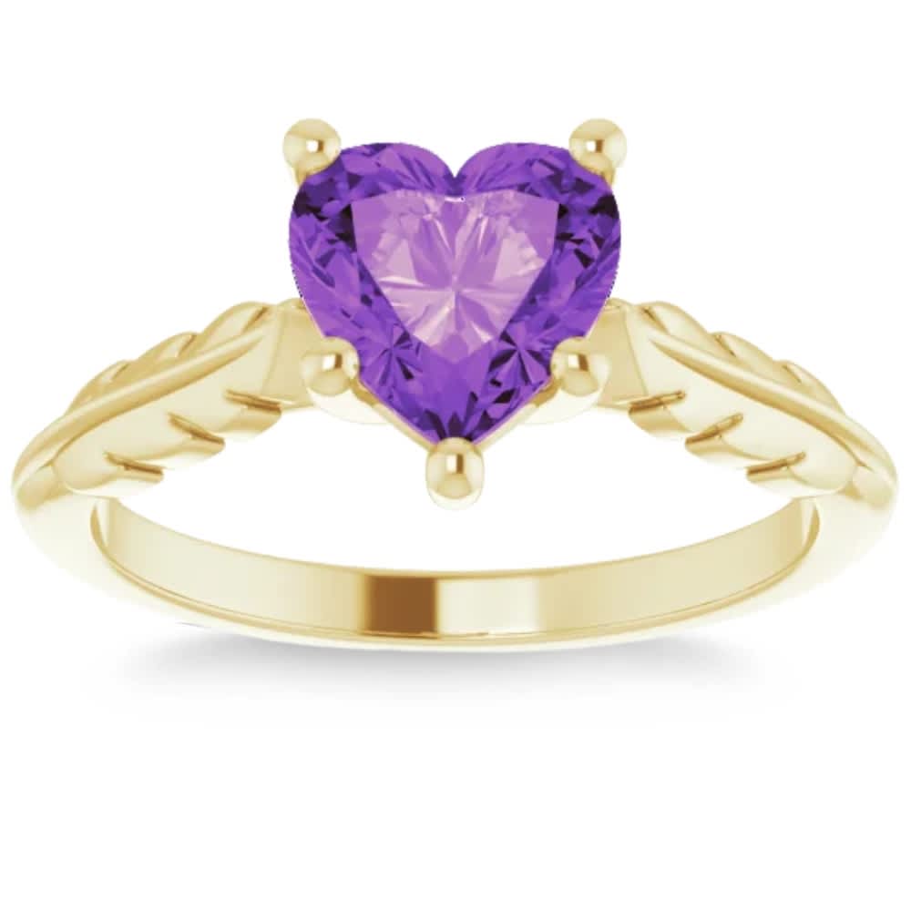 7mm Amethyst Solitaire Heart Shape Leaf Accent Ring in 14k White or Yellow Gold