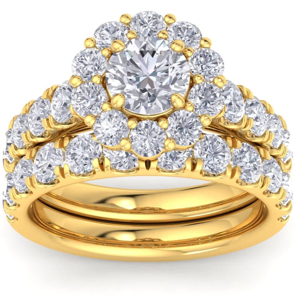 4Ct Diamond Halo Engagement Wedding Ring Set White Yellow or Rose Gold Lab Grown