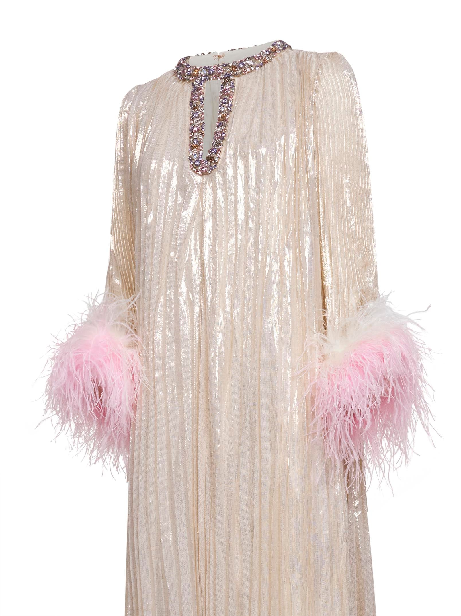 Self Portrait Women Champagne Metallic Pleated Caftan Maxi Dress