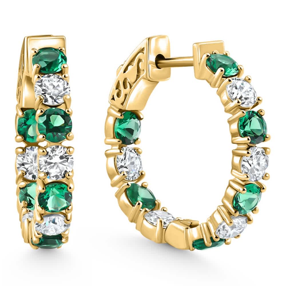 4 1/2Ct Emerald & Diamond Hoops White or Yellow Gold Lab Grown 1" Tall