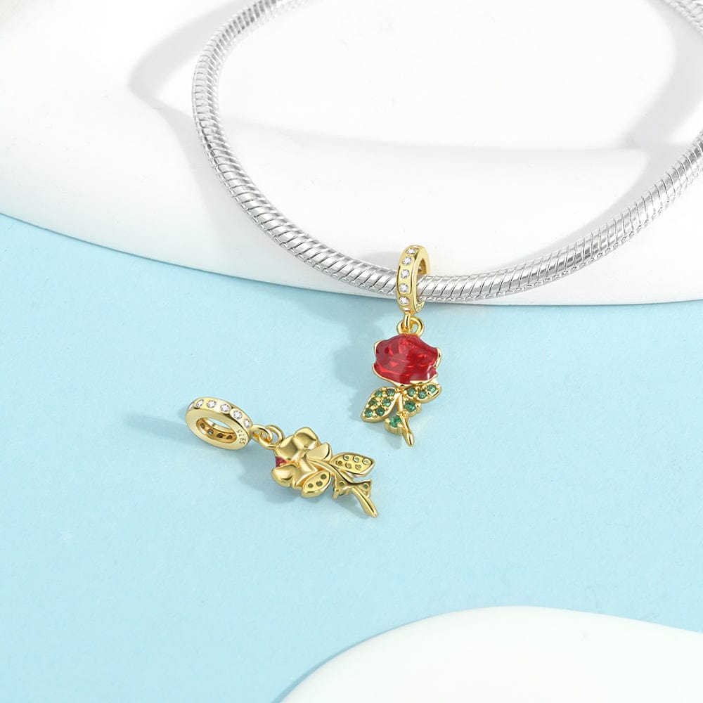 Red Rose Charm with Green Crystal Leaves
