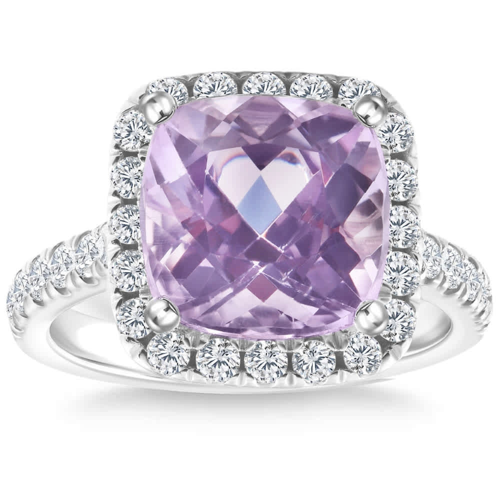 6 1/4Ct Cushion Pink Kunzite & Diamond Halo Ring 14k Gold Lab Grown