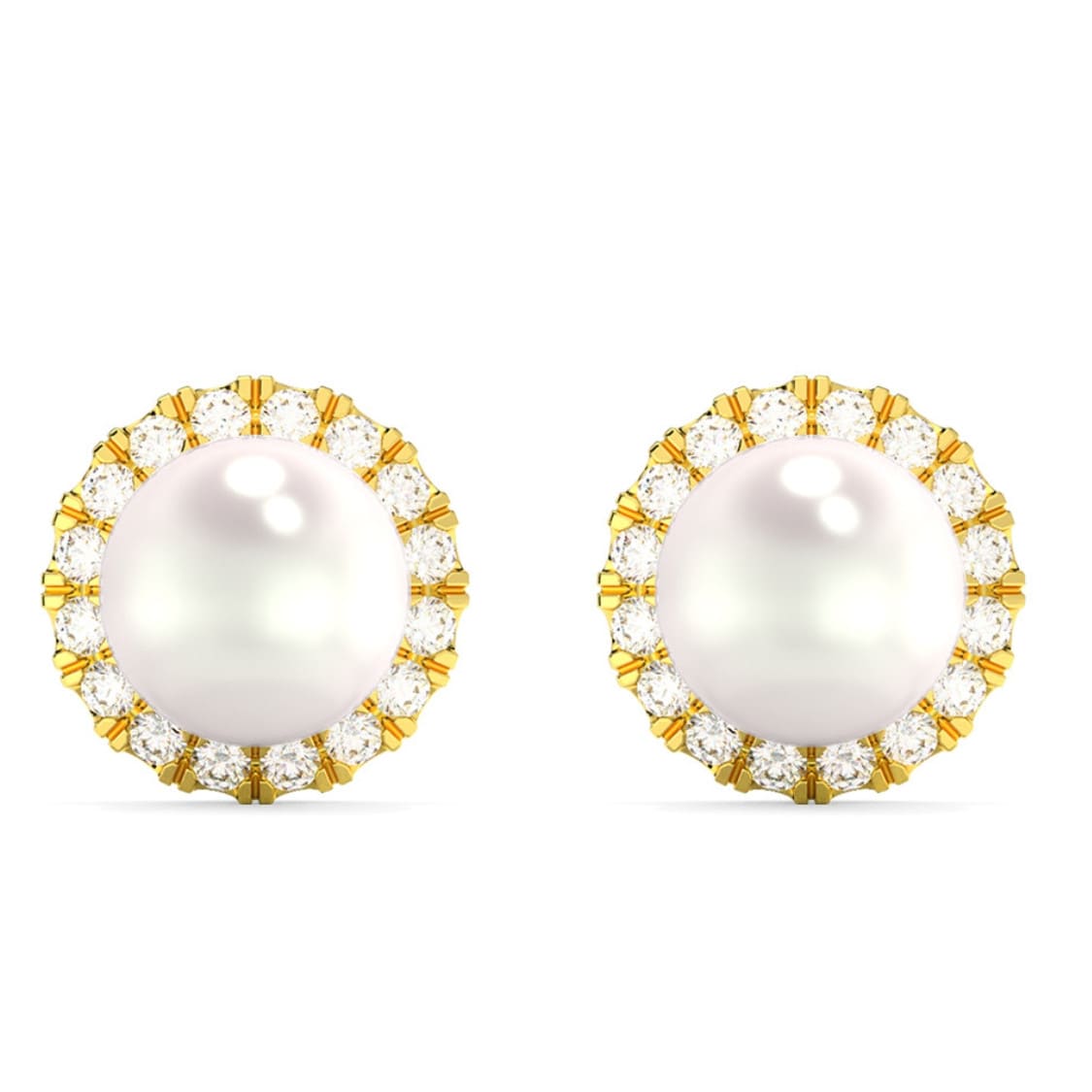 6mm Pearl & Diamond Halo Studs Women's 14k Gold Earrings Lab Grown