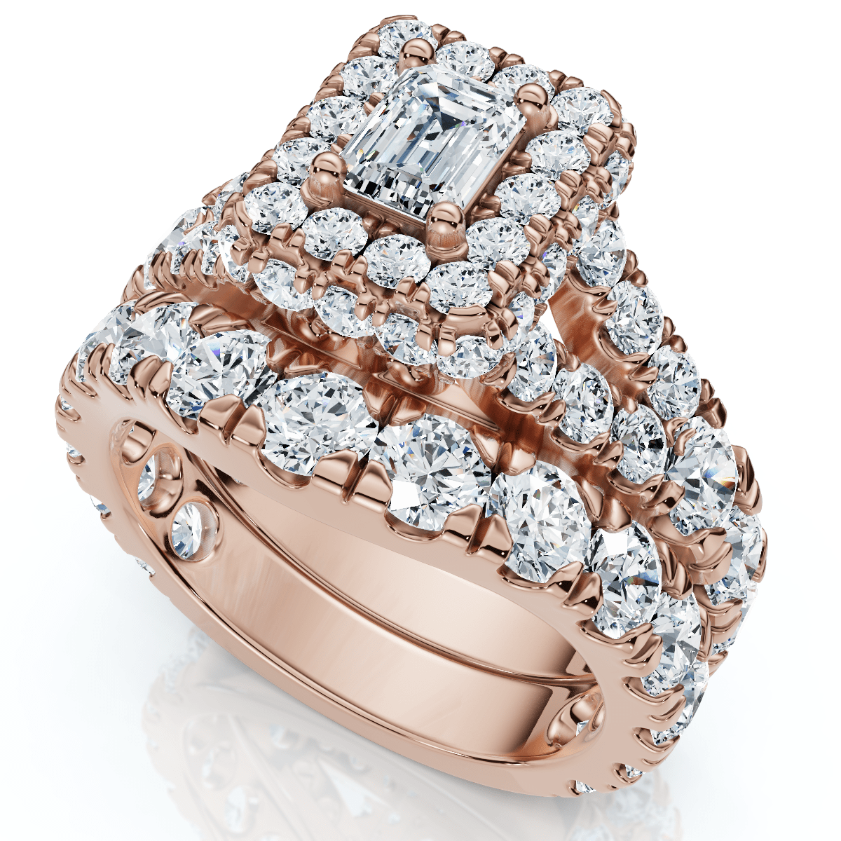 4Ct TW Emerald Cut Halo Diamond Engagement Wedding Ring Set Lab Grown Gold